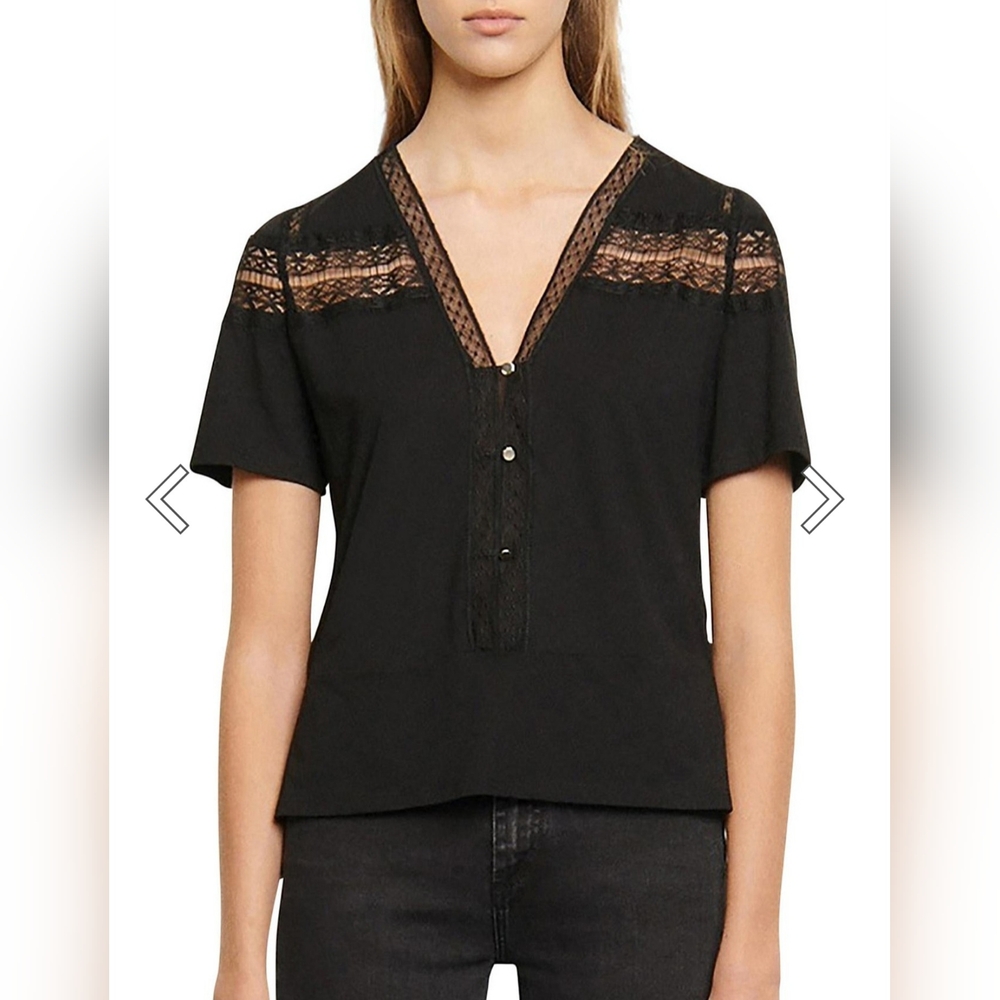 Sandro Paris Lace-trim T-shirt In Black